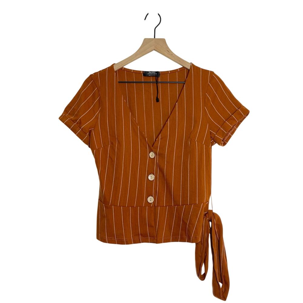 NEW Bershka Top Women's Size Medium Brown Striped Button Front V-Neck Side Tie
